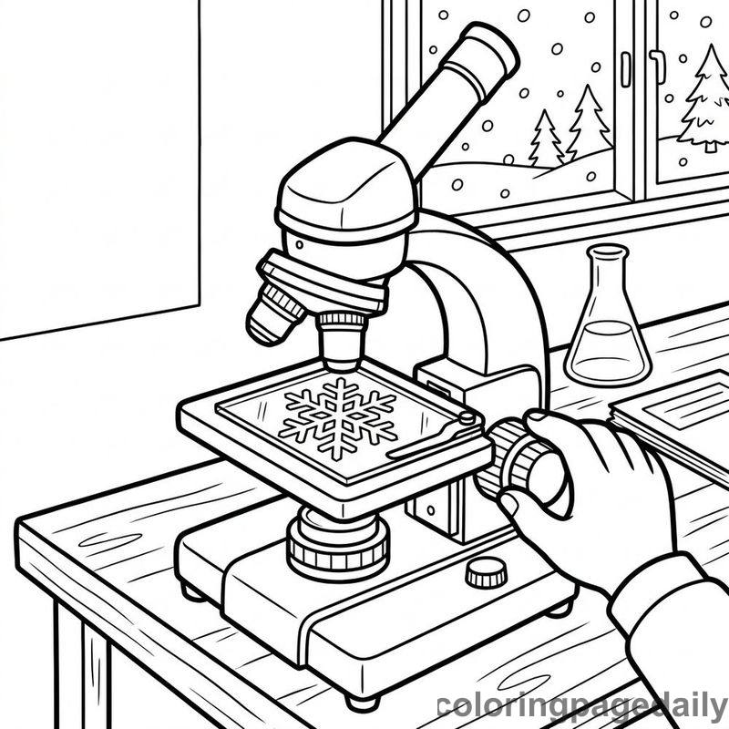 Microscope Viewing A Snowflake - Daily printable coloring page in Robots and STEM category