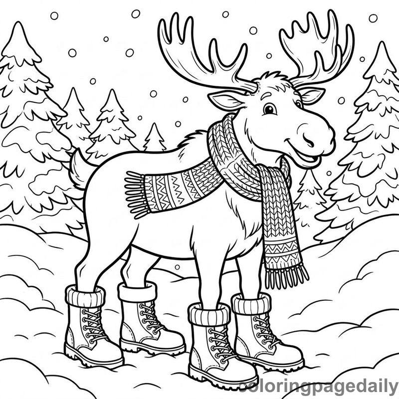 Moose In Winter Boots - Daily printable coloring page in Winter and Snow Season category
