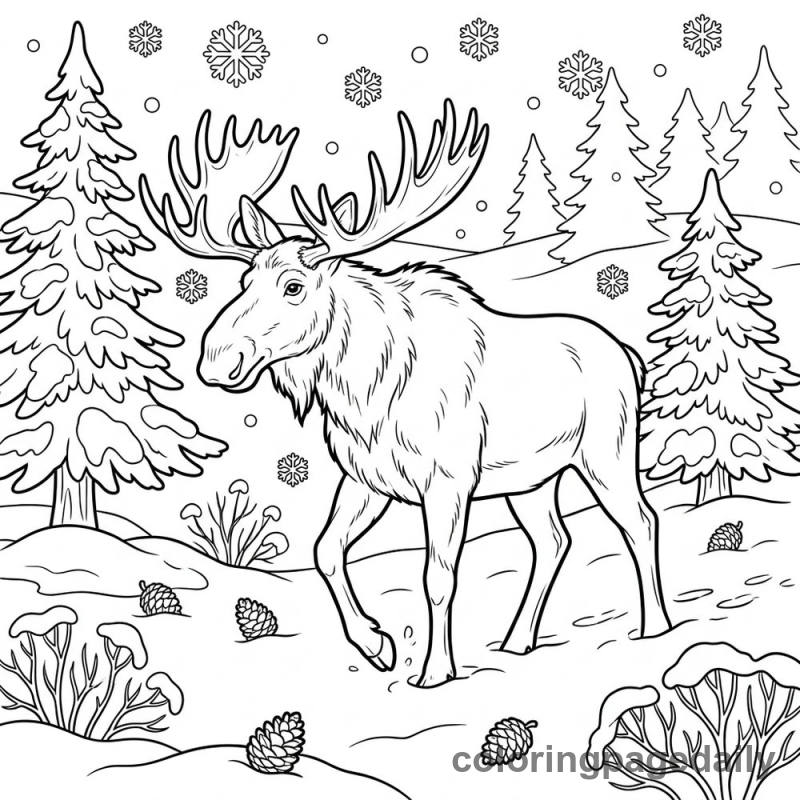 Moose in Winter Forest - Daily printable coloring page in Winter and Snow Season category