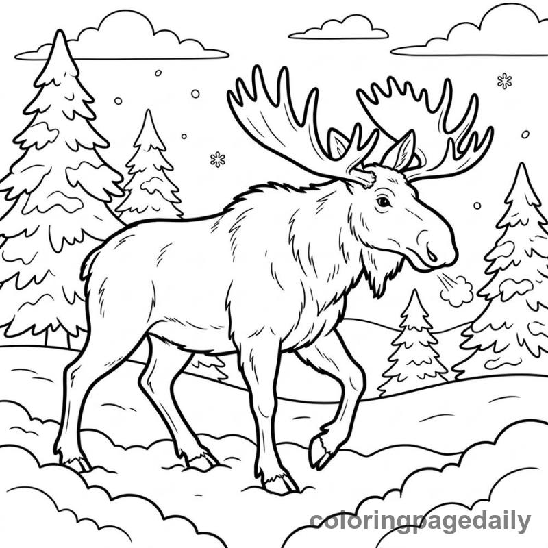 Moose in Winter Snow - Daily printable coloring page in Winter and Snow Season category