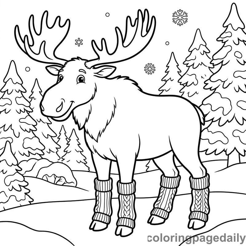 Moose Wearing Winter Leg Warmers - Daily printable coloring page in Winter and Snow Season category