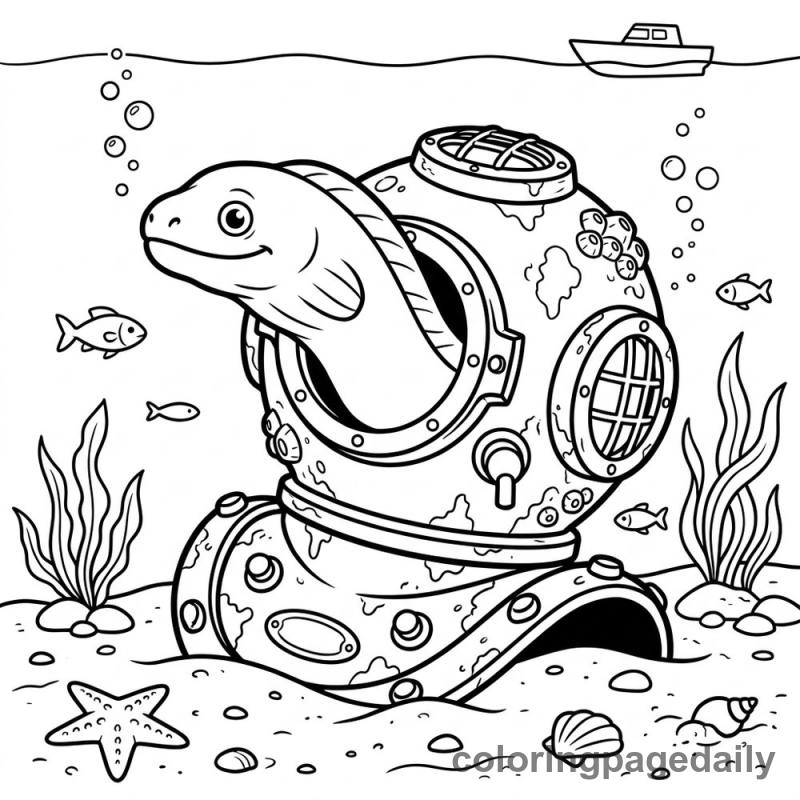 Moray Eel In Diving Helmet - Daily printable coloring page in Ocean and Underwater Life category