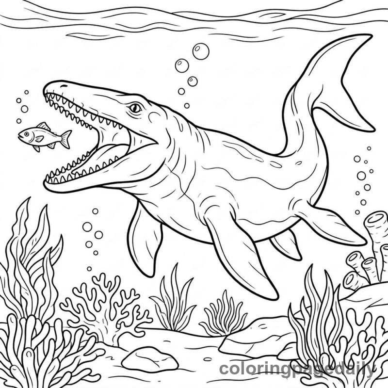 Mosasaurus Ocean Swim - Daily printable coloring page in Dinosaur category