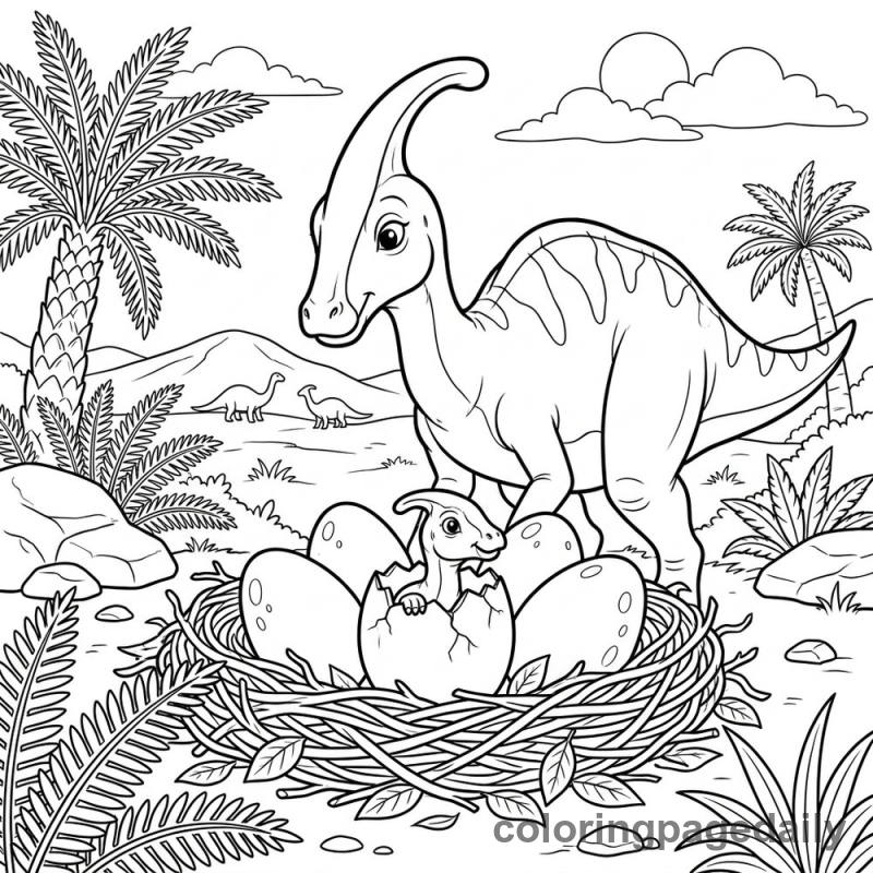 Mother Dino Watches Her Egg Hatch - Colored reference example