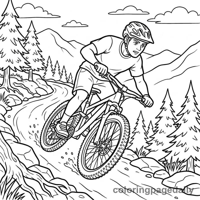 Mountain Biker Navigating Trail - Daily printable coloring page in Sports category