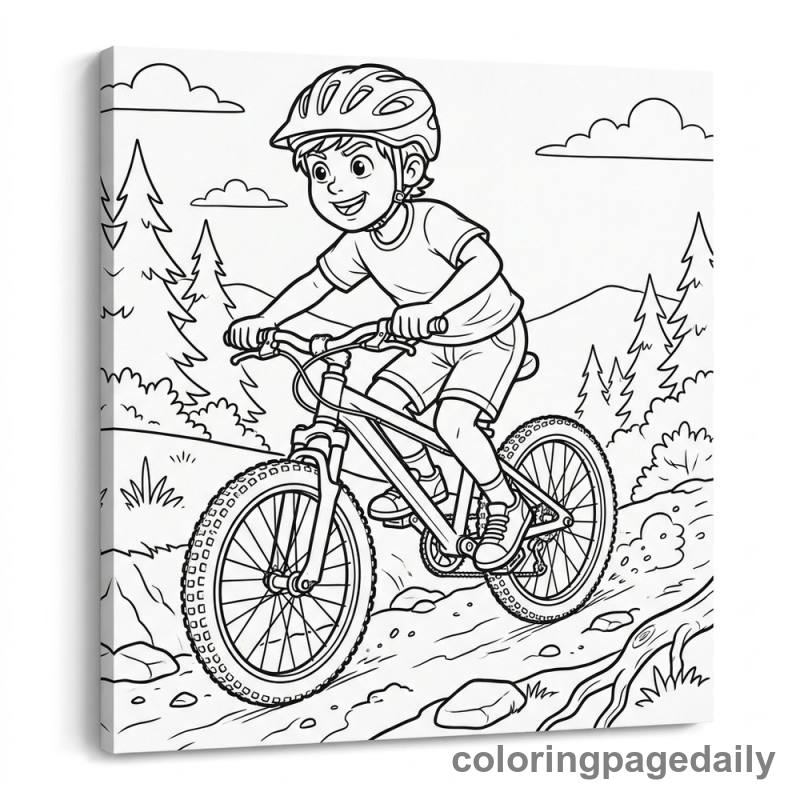 Mountain Biking Action - Daily printable coloring page in Sports category