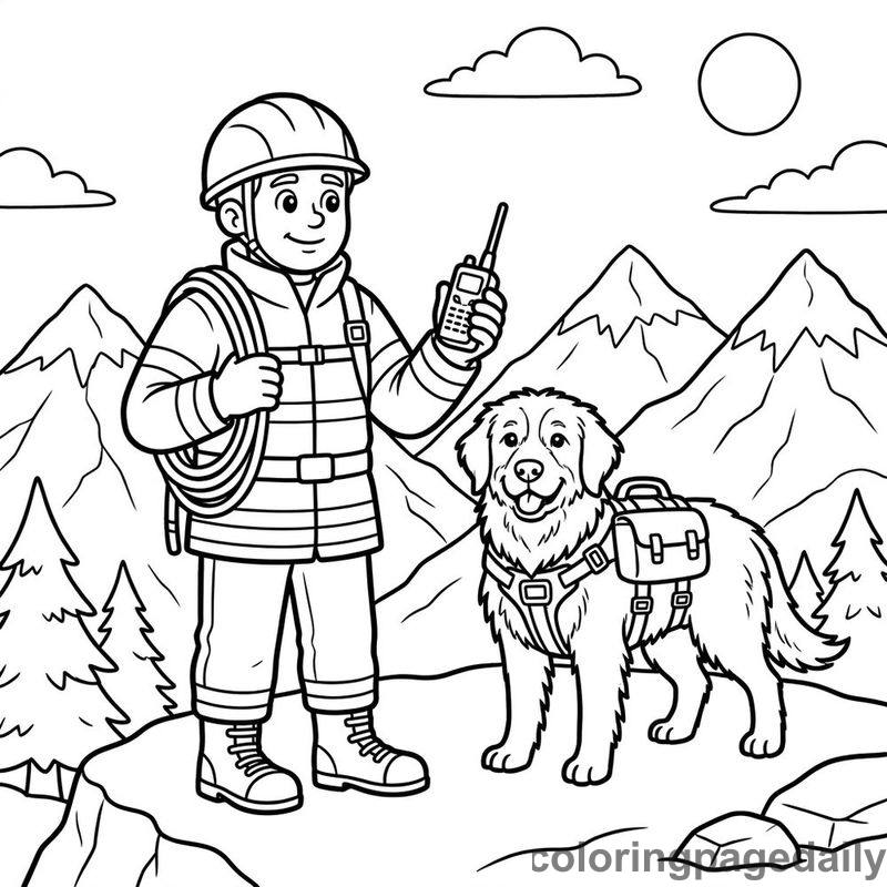 Mountain Rescue Worker And Dog - Daily printable coloring page in Professions category