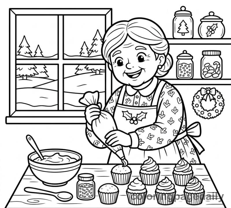 Mrs Claus Decorating Cupcakes - Daily printable coloring page in Christmas category