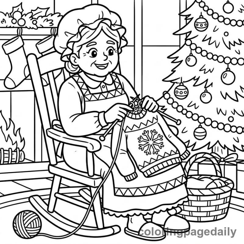 Mrs Claus Knitting - Daily printable coloring page in Christmas category