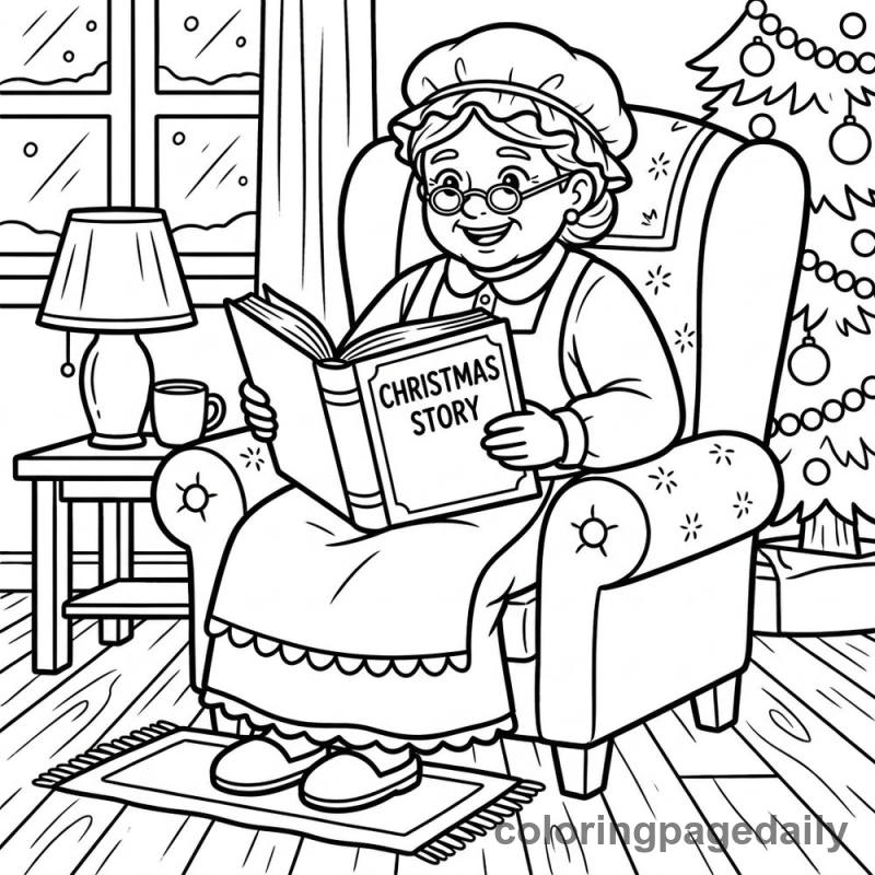 Mrs Claus Reading Story - Daily printable coloring page in Christmas category