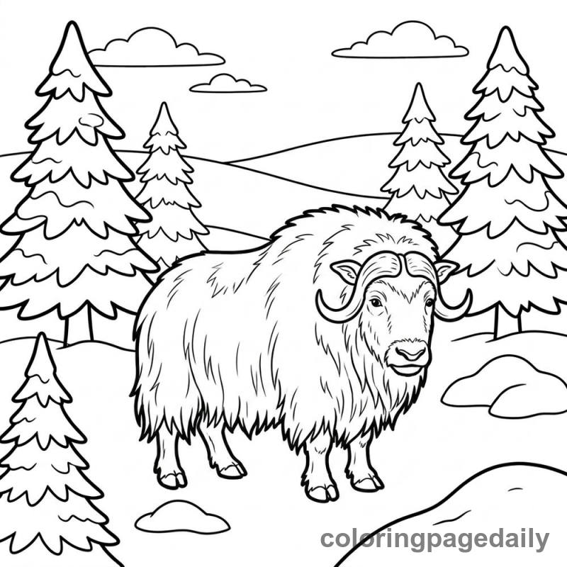 Musk Ox in Snow - Daily printable coloring page in Winter and Snow Season category