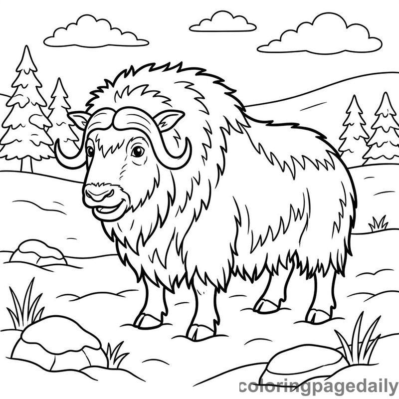 Musk Ox In Snow - Daily printable coloring page in Winter and Snow Season category