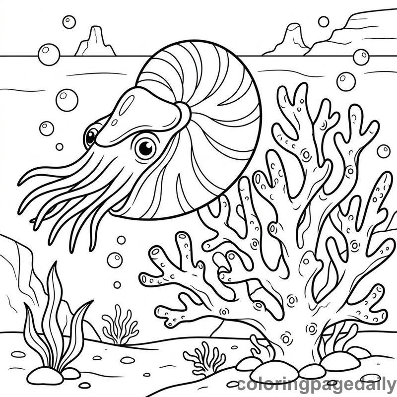 Nautilus Gliding Past Coral - Daily printable coloring page in Ocean and Underwater Life category