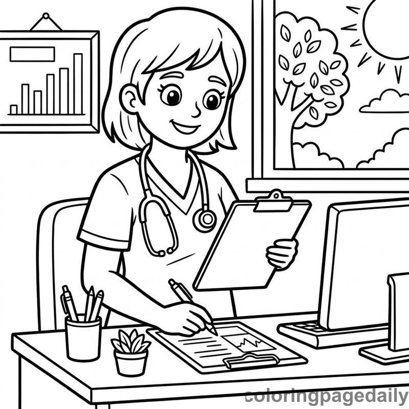 Nurse Checking Medical Clipboard - Daily printable coloring page in Professions category