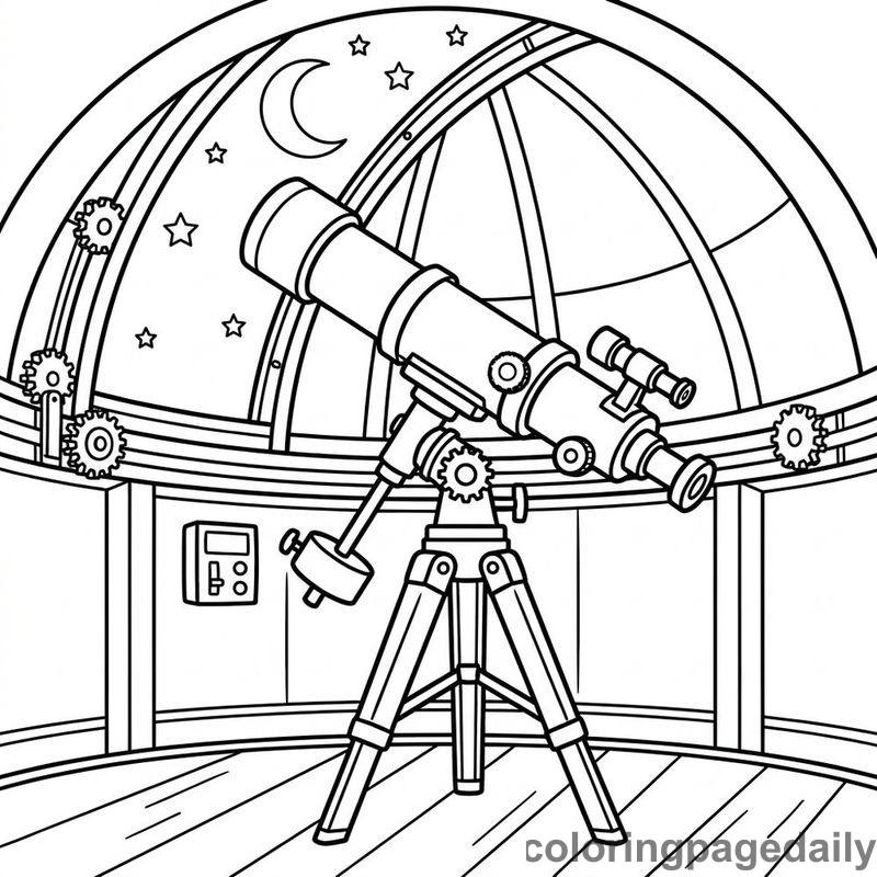 Observatory Telescope Pointing At Moon - Daily printable coloring page in Robots and STEM category