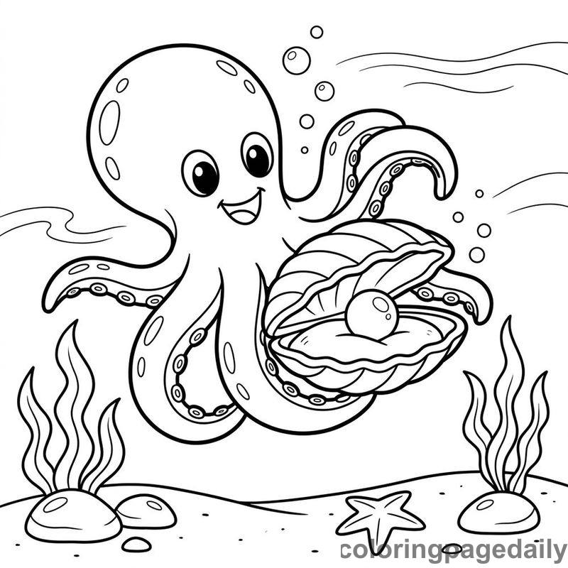 Octopus Carrying Pearl Clam - Daily printable coloring page in Ocean and Underwater Life category