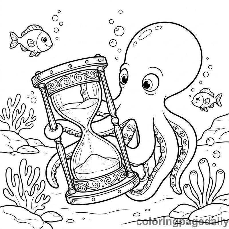 Octopus Examining Antique Hourglass - Daily printable coloring page in Ocean and Underwater Life category