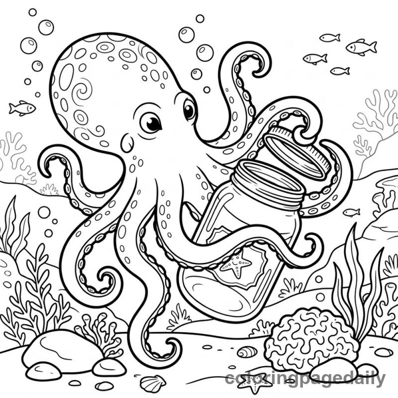 Octopus Opening Glass Jar - Daily printable coloring page in Ocean and Underwater Life category