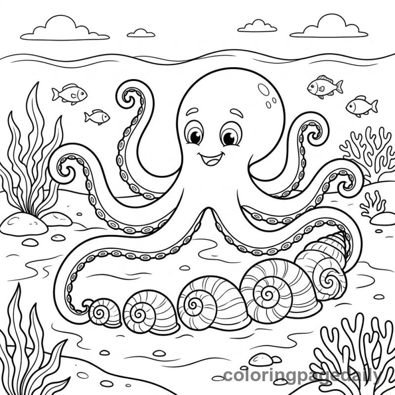 Octopus Organizing Conch Shells - Daily printable coloring page in Ocean and Underwater Life category