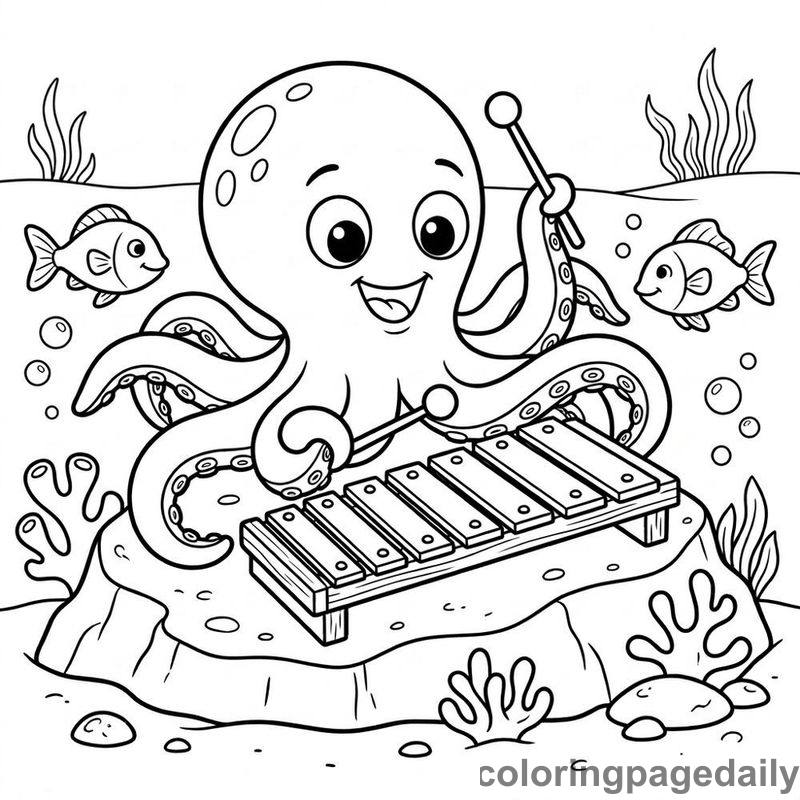 Octopus Playing Xylophone - Daily printable coloring page in Ocean and Underwater Life category