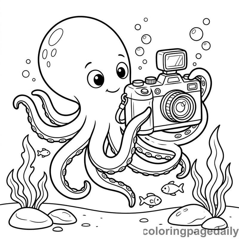 Octopus Taking Photos - Daily printable coloring page in Ocean and Underwater Life category