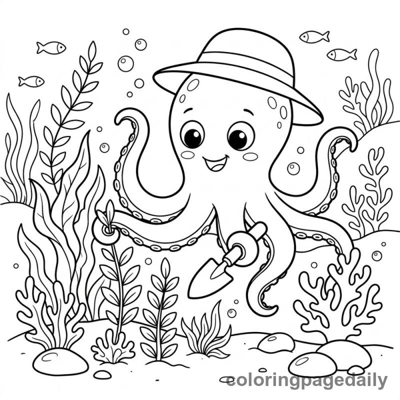 Octopus Underwater Gardening - Daily printable coloring page in Ocean and Underwater Life category