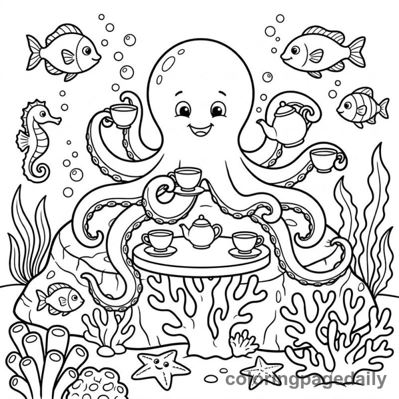 Octopus Underwater Tea Party - Daily printable coloring page in Ocean and Underwater Life category
