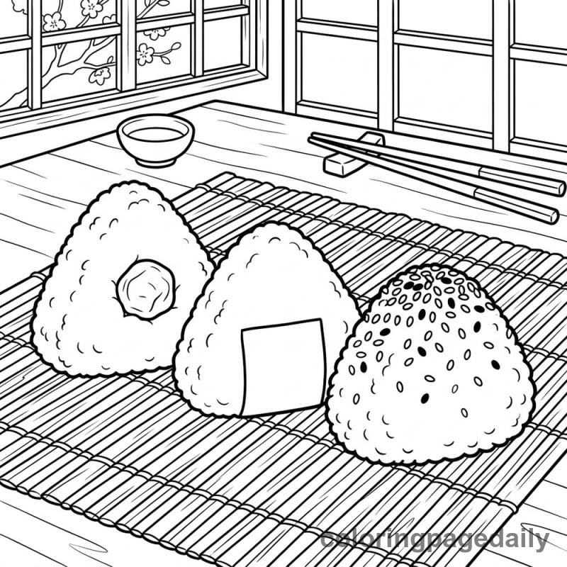 Tasty Onigiri Trio - Daily printable coloring page in Food category