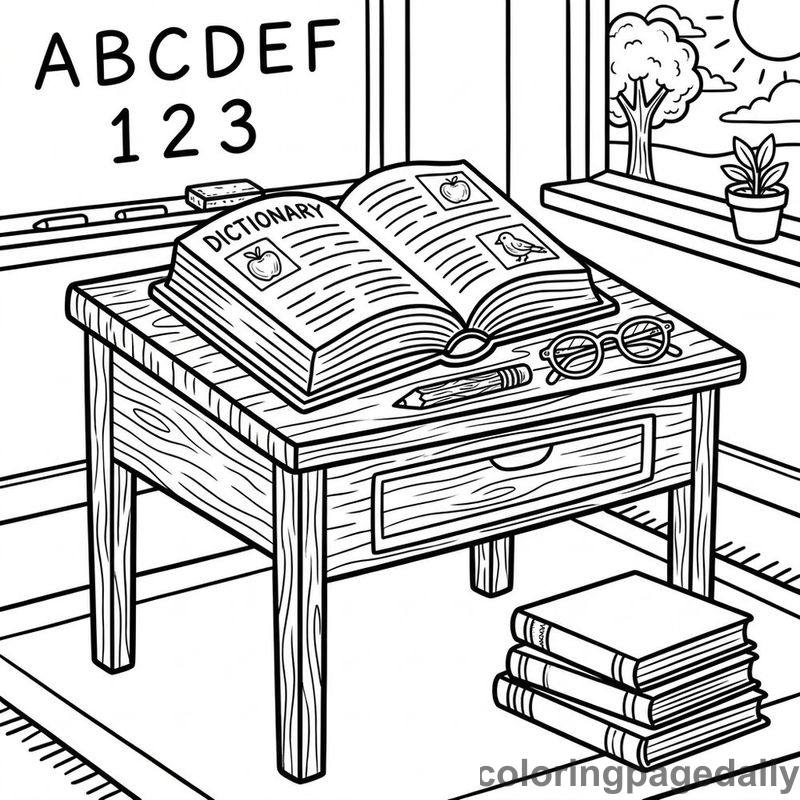 Open Dictionary Desk Study - Daily printable coloring page in Back to School category