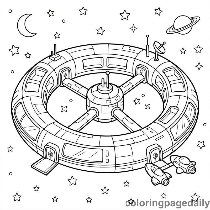 Orbital Wheel Space Hotel - Daily printable coloring page in Space category