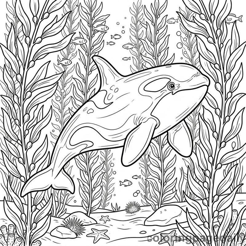 Orca Weaving Through Kelp - Daily printable coloring page in Ocean and Underwater Life category