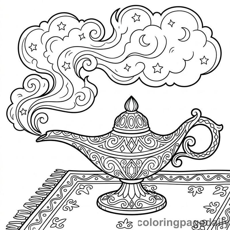 Ornate Brass Magic Lamp - Daily printable coloring page in Fairy Tales category