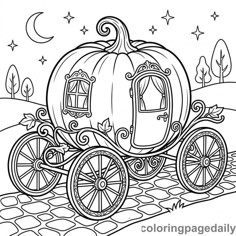 Ornate Magical Pumpkin Carriage - Daily printable coloring page in Fairy Tales category