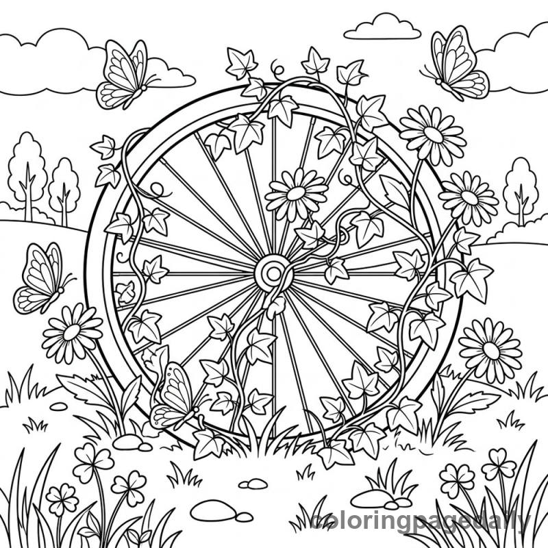 Overgrown Bicycle Wheel Meadow - Daily printable coloring page in Scenery category