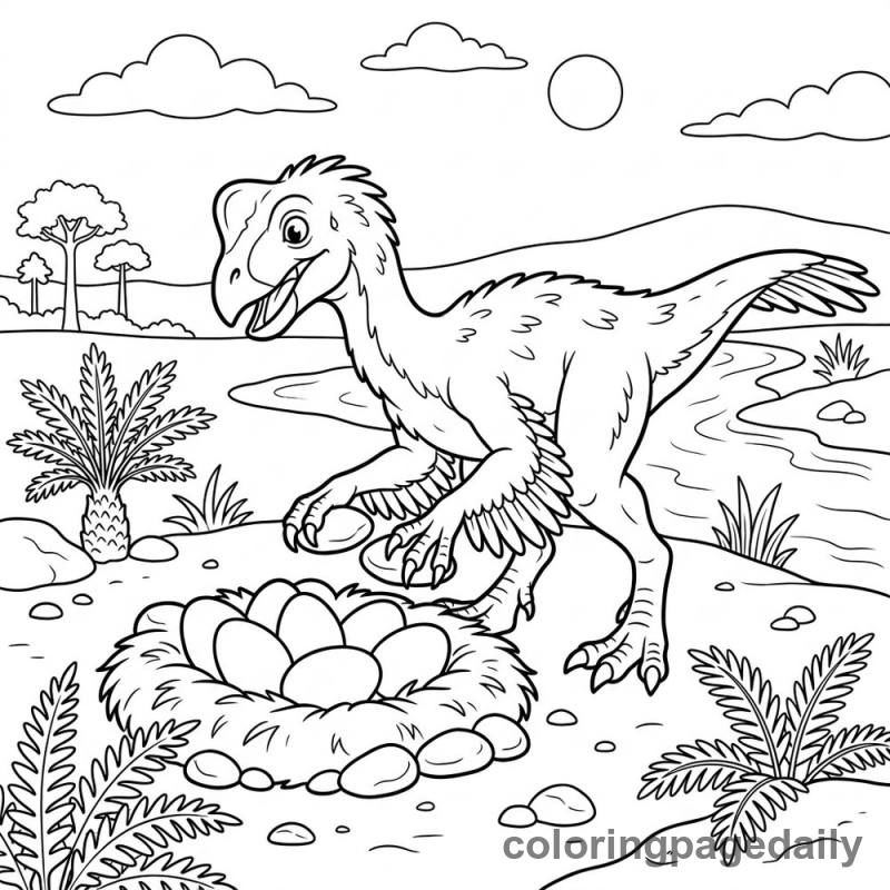 Oviraptor Arranging Nest Stones - Daily printable coloring page in Dinosaur category