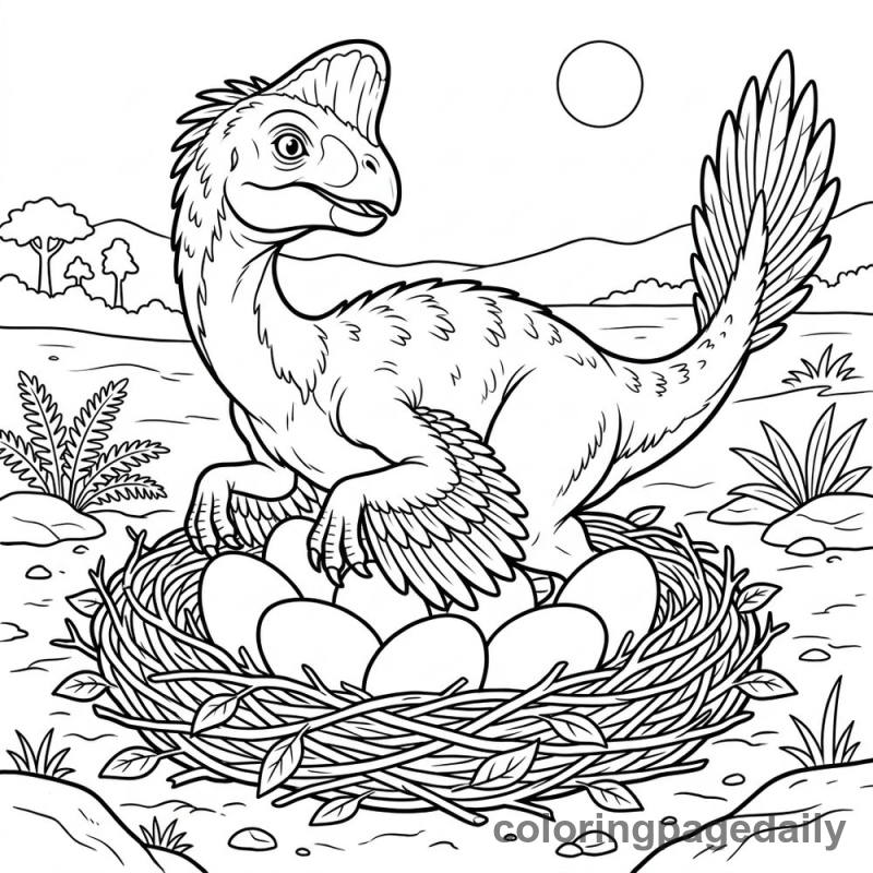 Oviraptor Guarding Nest - Daily printable coloring page in Dinosaur category
