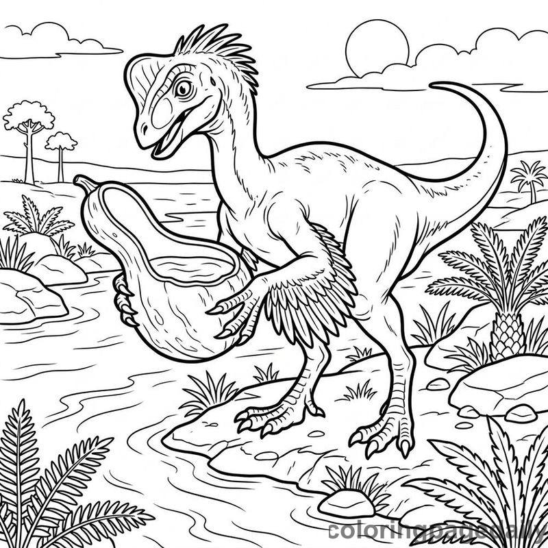 Ollie the Helpful Oviraptor’s River Quest - story illustration coloring page