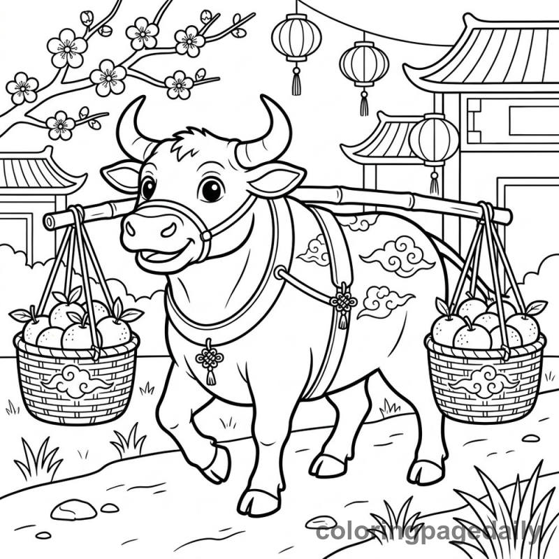 Ox Carrying Fruit Baskets - Colored reference example