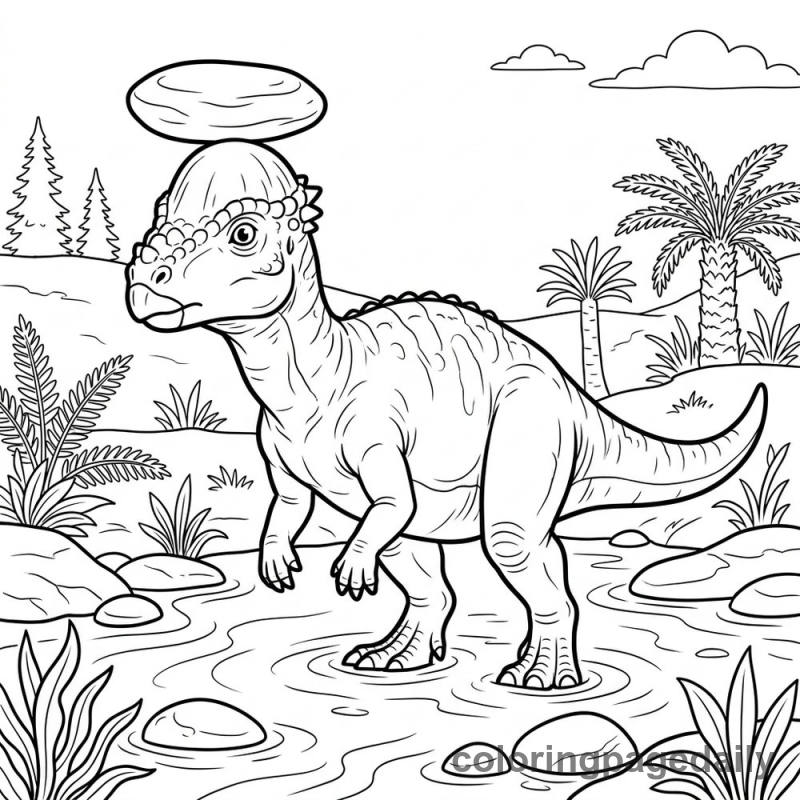 Pachycephalosaurus Balancing River Stone - Daily printable coloring page in Dinosaur category