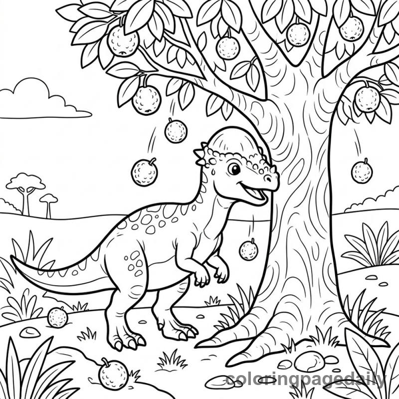 Pachycephalosaurus Shaking Fruit - Daily printable coloring page in Dinosaur category