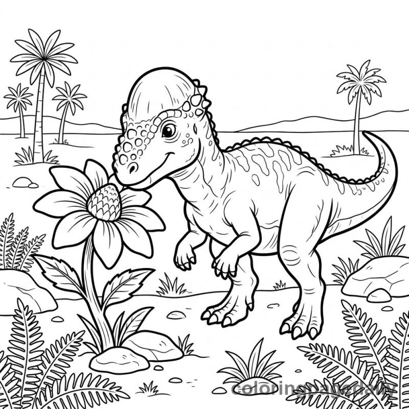 Pachycephalosaurus Sniffs Flower - Colored reference example