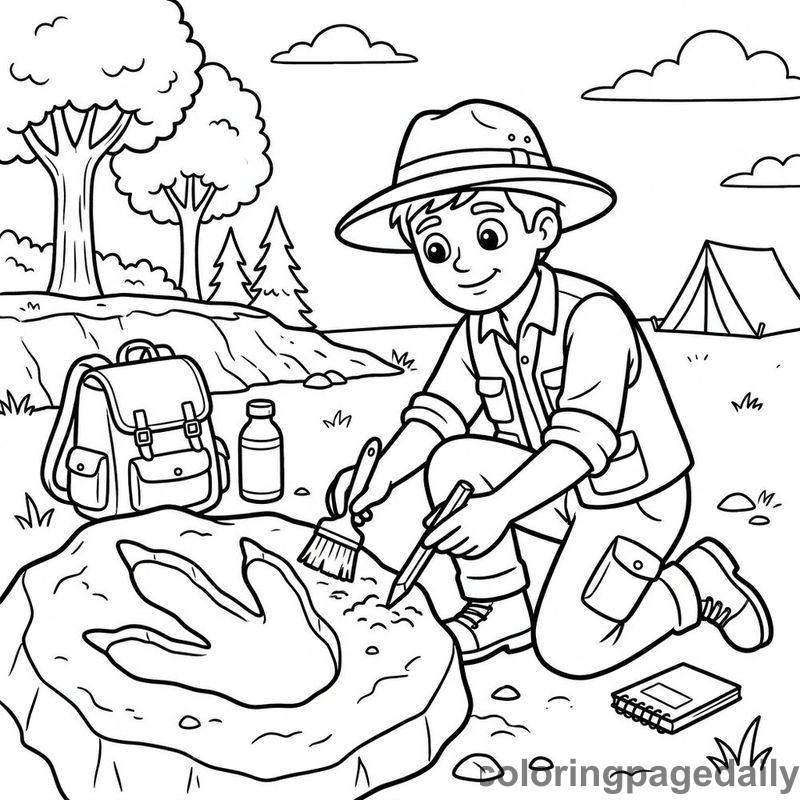 Paleontologist Uncovering Dinosaur Footprint - Colored reference example