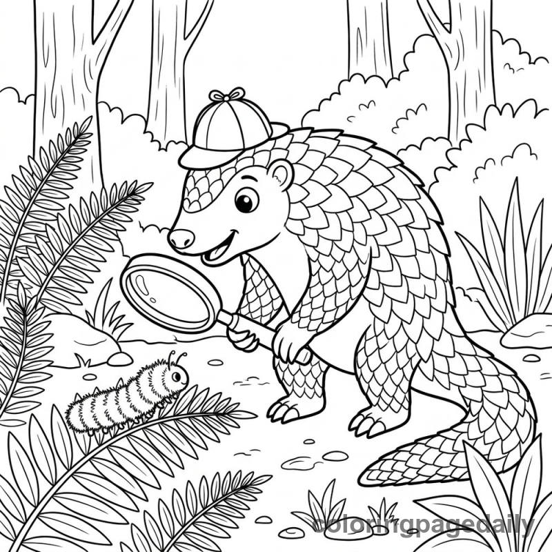 Pangolin Detective Inspects Caterpillar - Daily printable coloring page in Animals category