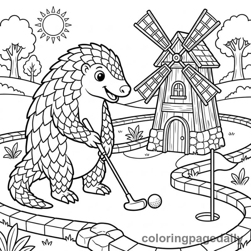 Pangolin Playing Mini Golf - Daily printable coloring page in Animals category