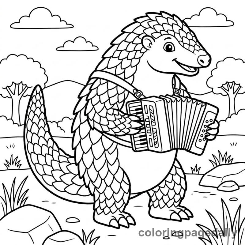 Pangolin Plays Accordion - Daily printable coloring page in Animals category