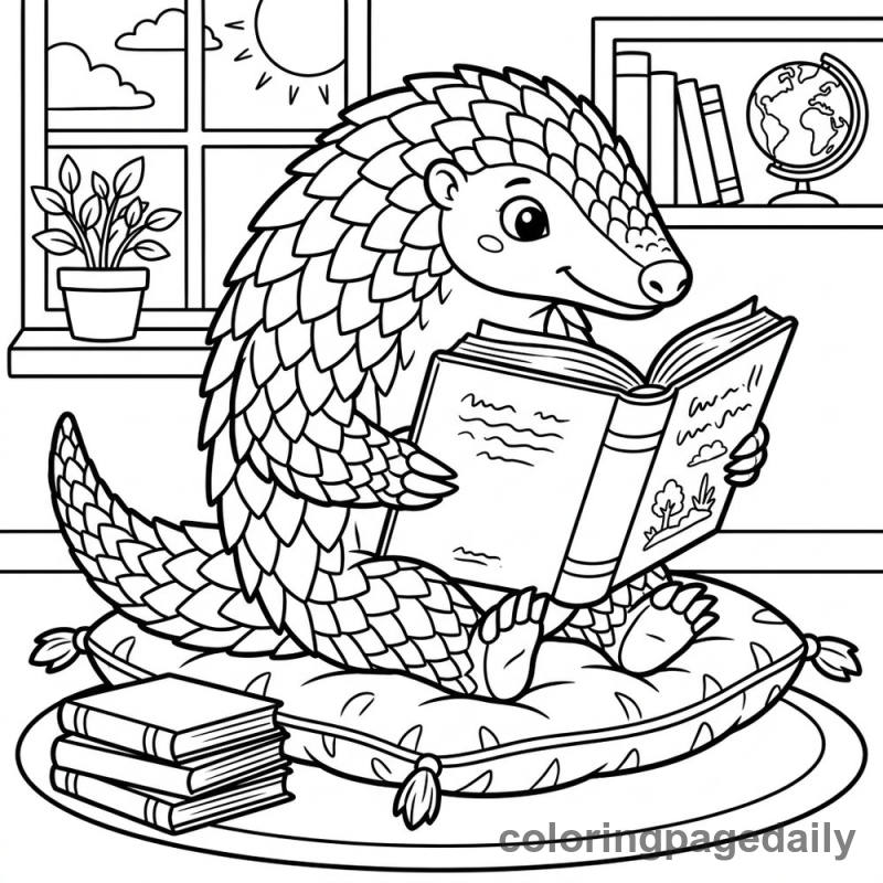 Pangolin Reading a Book - Daily printable coloring page in Animals category