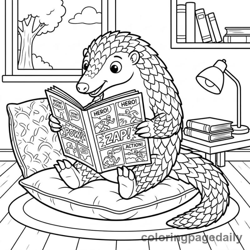 Pangolin Reading Comic Book - Daily printable coloring page in Animals category