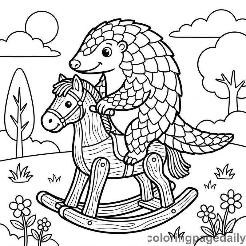 Pangolin Riding Rocking Horse - Daily printable coloring page in Animals category
