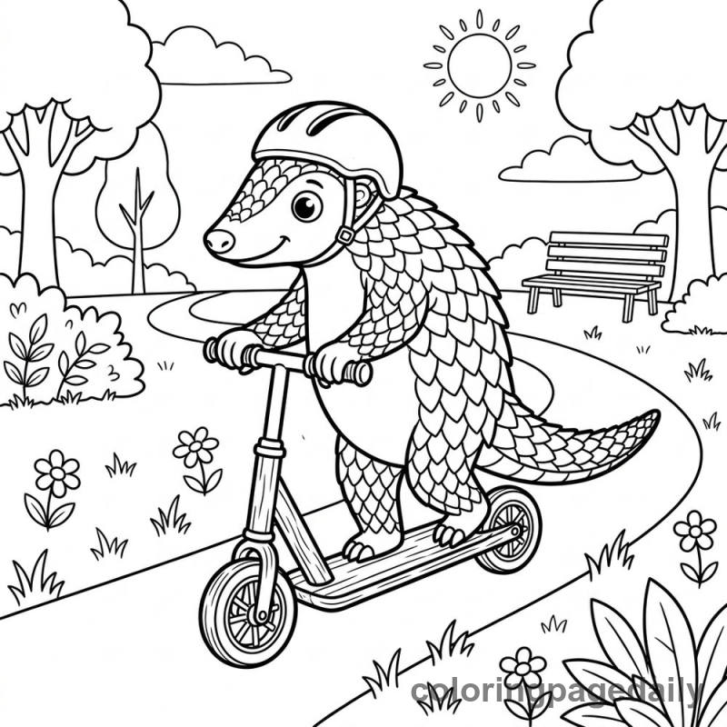 Pangolin Riding Scooter - Daily printable coloring page in Animals category