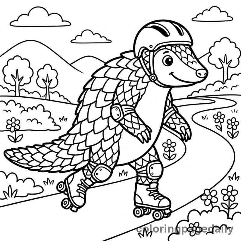 Pangolin Roller Skating - Daily printable coloring page in Animals category